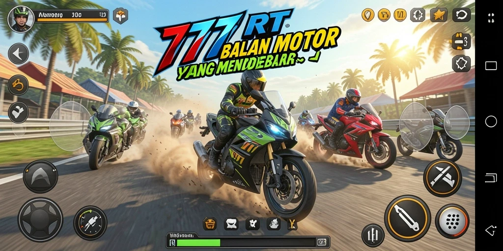 Screenshot gameplay 777RT menampilkan aksi balapan motor yang seru.