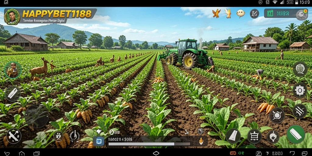 Tampilan gameplay seru dari <strong>HAPPYBET188</strong> dengan berbagai aktivitas pertanian.