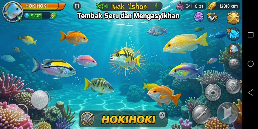 Screenshot HOKIHOKI menampilkan pemain sedang berburu ikan.