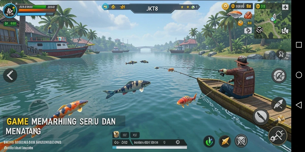 Gameplay memancing yang seru dengan berbagai lokasi dan ikan.
