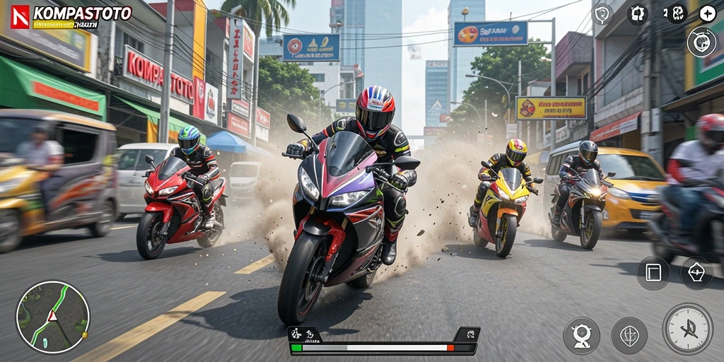 Screenshot gameplay KOMPASTOTO menampilkan balapan motor yang seru.