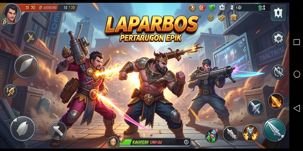 Tampilan dinamis dari gameplay pertarungan LAPARBOS yang mendebarkan.