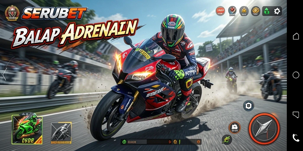 Screenshot gameplay SERUBET menampilkan balapan motor yang menegangkan.